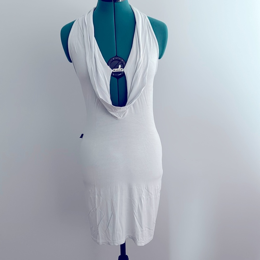 Light gray backless mini dress with deep plunge
